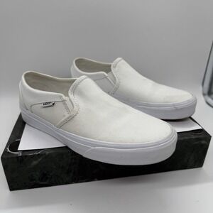 Vans Classic Slip On Shoes Womens 8.5 White Canvas Skate Sneakers Low Top